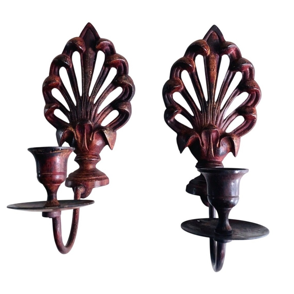Cast Metal Wall Sconce Pair Ornate Fan‎ Shell Taper Candle Holder Bronze